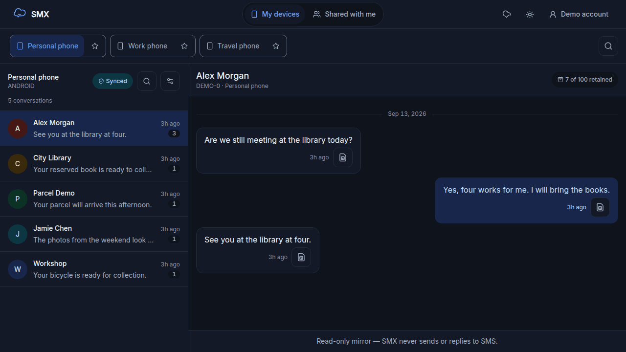 SMX inbox showing demo phones, conversations, and a selected message thread.