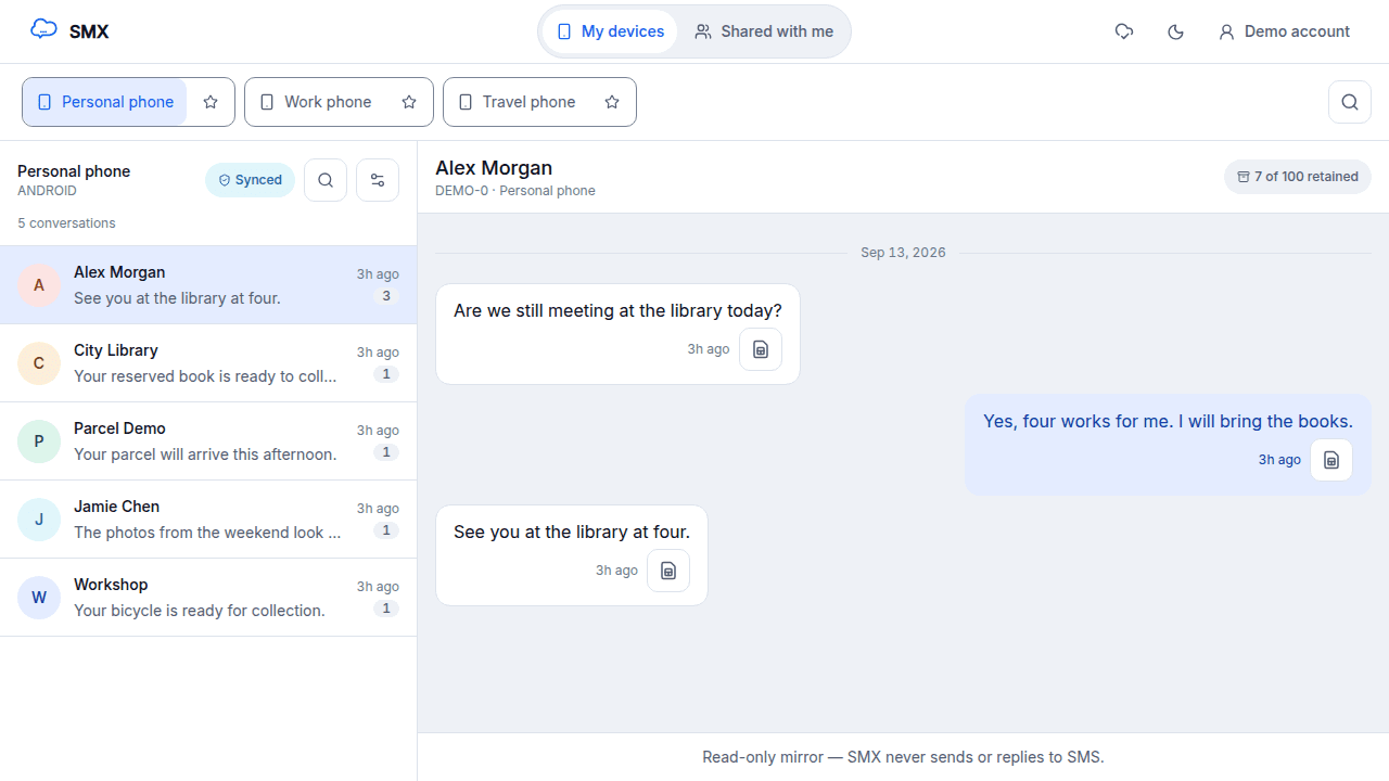 SMX inbox showing demo phones, conversations, and a selected message thread.